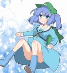  1girl backpack bag blouse blue_eyes blue_hair blush boots cabbie_hat convenient_leg hair_bobbles hair_ornament hat highres kawashiro_nitori key kuyuri_y looking_at_viewer rubber_boots skirt skirt_set smile solo touhou two_side_up 
