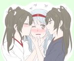  3girls ^_^ blush brown_eyes brown_hair bust closed_eyes dual_persona hachimaki hair_ribbon headband kantai_collection long_hair multiple_girls one_eye_closed open_mouth ribbon shoukaku_(kantai_collection) smile twintails udon_(shiratama) white_hair yuri zuikaku_(kantai_collection) 