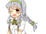  1girl :d ;d artist_request blush bust grey_eyes grey_hair hairband kantai_collection long_hair low-tied_long_hair neck_ribbon one_eye_closed open_mouth ribbon smile suspenders white_background yamagumo_(kantai_collection) 