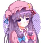  1girl bow hair_bow hair_ribbon long_hair looking_at_viewer mob_cap musical_note patchouli_knowledge purple_hair ribbon shitou smile solo spoken_musical_note touhou translation_request violet_eyes 