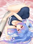  1girl blue_hair breasts cleavage hair_ribbon i-19_(kantai_collection) kantai_collection large_breasts lying on_side one-piece_swimsuit red_eyes ribbon school_swimsuit solo swimsuit takanashi torpedo twintails 