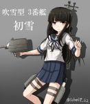  1girl bangs black_hair blouse blue_skirt blunt_bangs blush brown_eyes character_name grey_background hatsuyuki_(kantai_collection) kantai_collection long_hair machinery neckerchief one_leg_raised pleated_skirt rabochicken sailor_collar school_uniform serafuku simple_background skirt solo twitter_username 