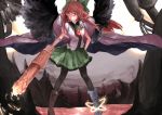  1girl arm_cannon bird_wings black_legwear boots bow breasts brown_hair cape green_bottomwear green_bow green_skirt hair_bow large_breasts long_hair looking_at_viewer mismatched_footwear molten_rock pantyhose red_eyes reiuji_utsuho shirt short_sleeves skirt smile solo third_eye touhou weapon zairen 