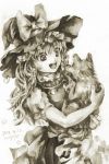  1girl artist_name bow braid dated dog hair_bow hat kirisame_marisa long_hair monochrome nagayo open_mouth ribbon smile solo touhou witch_hat 