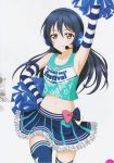  armpits blue_hair blush brown_eyes cheerleader gloves headphones long_hair love_live!_school_idol_project official_art ribbon skirt smile sonoda_umi 