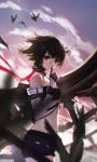  1girl bird black_hair blurry depth_of_field elbow_gloves gloves highres looking_at_viewer original red_eyes short_hair sketch smile solo swd3e2 wind 
