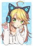  1girl ahoge animal_ears axent_wear blonde_hair bust cat_ears dated fake_animal_ears green_eyes headphones hoodie hoshii_miki idolmaster long_hair looking_at_viewer solo sumeragi_kohaku 