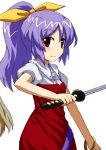  2girls belt blonde_hair bow dai-erie hair_bow hair_ribbon katana long_hair multiple_girls ponytail purple_hair red_eyes ribbon short_hair sword touhou watatsuki_no_toyohime watatsuki_no_yorihime weapon 