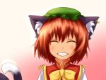  1girl ^_^ brown_eyes brown_hair cat_tail chen closed_eyes grin korai looking_at_viewer multiple_tails short_hair smile solo tail touhou 