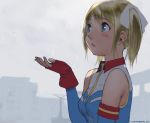  1girl blonde_hair blue_eyes blush fingerless_gloves gloves gundam gundam_card_builder looking_up open_mouth rain reiko_holinger short_hair sky sleeveless solo twintails yoshizaki_mine 