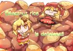  2girls aki_minoriko aki_shizuha b-q blonde_hair chestnut chibi closed_eyes dress english food hair_ornament hat minigirl multiple_girls red_eyes rice short_hair siblings sisters smile touhou yellow_eyes 