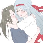  2girls ^_^ blush brown_hair closed_eyes hachimaki hair_ribbon headband hug kantai_collection multiple_girls open_mouth ribbon shoukaku_(kantai_collection) silver_hair skirt smile twintails udon_(shiratama) yuri zuikaku_(kantai_collection) 