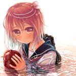  1girl ahoge blush i-58_(kantai_collection) kantai_collection looking_at_viewer open_mouth partially_submerged pink_hair red_eyes school_swimsuit school_uniform serafuku short_hair solo swimsuit swimsuit_under_clothes takanashi torpedo water wet 