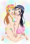  aragaki_ayase barefoot bikini black_hair blue_eyes blush breast_press fang hands_together highres interlocked_fingers kneeling kousaka_kirino long_hair looking_at_viewer multiple_girls navel open_mouth ore_no_imouto_ga_konna_ni_kawaii_wake_ga_nai side-tie_bikini smile smile_(rz) sunglasses sunglasses_on_head swimsuit symmetrical_docking 