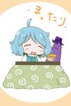  1girl ^_^ ahoge blue_hair closed_eyes commentary_request karakasa_obake kotatsu open_mouth short_hair smile solo table tatara_kogasa touhou translation_request umbrella yuzuna99 