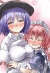  2girls ^_^ blue_hair blush breasts bust capelet closed_eyes dress_shirt fairy_maid hat large_breasts long_hair looking_at_viewer low_twintails maid maid_headdress multiple_girls nagae_iku open_mouth pink_hair red_eyes shirt short_hair smile touhou twintails wrist_cuffs yohane 