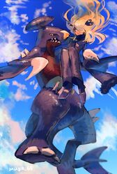  1girl blonde_hair clouds garchomp hair_ornament hair_over_one_eye pokemon pokemon_(creature) shirona_(pokemon) sky skyloop19 