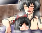  2girls :&lt; bathing black_hair bow bush closed_eyes hair_bow hakurei_reimu happy long_hair multiple_girls og_(adlyreimu) onsen partially_submerged sendai_hakurei_no_miko smile toned touhou wet wet_hair younger 