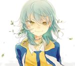  1boy aqua_hair bust inazuma_eleven_(series) inazuma_eleven_go kariya_masaki long_hair looking_at_viewer male_focus raimon raimon_soccer_uniform shirota69 smile soccer_uniform solo sportswear track_jacket white_background yellow_eyes 