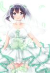  1girl :d absurdres alternate_costume blue_eyes bow bridal_veil bride choker dress feathers frilled_dress frills garter_straps gloves highres kantai_collection komachi_naruta open_mouth smile souryuu_(kantai_collection) thigh-highs twintails veil wedding_dress white_background 