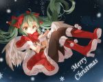  1girl belt black_legwear boots christmas green_eyes green_hair hatsune_miku high_heel jimmy knee_boots long_hair merry_christmas nail_polish night pantyhose skirt snowflakes solo twintails very_long_hair vocaloid 