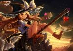  1girl bird blonde_hair broom female hat kirisame_marisa long_hair looking_at_viewer riding smile solo touhou witch_hat xiaoyin_li yellow_eyes 