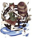  1girl absurdres animal_ears bei_mochi brown_eyes brown_hair futatsuiwa_mamizou glasses gourd highres leaf leaf_on_head notepad one_eye_closed pince-nez raccoon_ears raccoon_tail sandals smile smoke tail touhou 