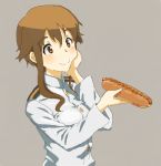  1girl blush brown_eyes brown_hair grey_background hand_on_own_cheek hand_on_own_face holding hot_dog long_hair long_sleeves military military_uniform payot shiratama_(hockey) simple_background smile solo strike_witches takei_junko uniform 