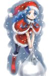  1girl bag black_legwear blue_eyes blue_hair blush_stickers boots capelet christmas dress female gloves hat heartcatch_precure! highres hisaki kurumi_erika long_hair pantyhose precure red_dress santa_costume santa_hat smile snow solo white_gloves 