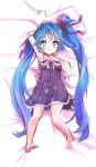 arm_up armpits barefoot bed_sheet blue_eyes blue_hair blush character_request child dakimakura dress highres long_hair lying on_back ribbon sheet_grab smile twintails very_long_hair 
