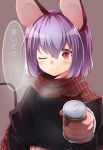  1girl animal_ears blush can coffee grey_hair highres mouse_ears mouse_tail nazrin nogisaka_kushio one_eye_closed red_eyes scarf short_hair smile solo tail touhou translated 