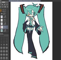  >_o 1girl absurdly_long_hair adobe_photoshop antenna_hair aqua_eyes aqua_hair aqua_necktie aqua_trim arm_at_side bare_shoulders black_boots black_skirt black_sleeves blinking blush blush_stickers boots bright_pupils closed_mouth collared_shirt commentary deformed detached_sleeves double-parted_bangs fewer_digits full_body green_hair grey_shirt hair_between_eyes hair_ornament hand_on_own_hip hatsune_miku high_heel_boots high_heels highres kiss korean_text long_hair long_sleeves looking_at_viewer miniskirt nail_polish necktie no_nose number_tattoo one_eye_closed photoshop_(medium) pleated_skirt pout shiny_clothes shirt shoulder_tattoo sidelocks simple_background single_blush_sticker skirt sleeveless sleeveless_shirt smile solo standing straight-on takawoyu tattoo thigh_boots thigh_gap tie_clip twintails unfinished untranslatable_commentary untucked_shirt very_long_hair vocaloid white_background white_pupils white_shirt wide_sleeves wing_collar zettai_ryouiki 