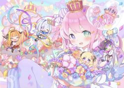  5girls :d ahoge amane_kanata amane_kanata_(1st_costume) anniversary asymmetrical_legwear balloon baseball_cap bibi_(tokoyami_towa) black_hat blonde_hair blonde_streaks blue_thighhighs blurry blurry_background blurry_foreground blush bouquet cake candy_hair_ornament closed_eyes colored_tips commentary_request confetti crown demon_girl demon_tail dragon_girl dragon_horns dragon_tail fishnet_thighhighs fishnets flower food food-themed_hair_ornament fork giant_fork gradient_hair green_eyes grey_hair hair_ornament halo hat hatanaka_marie heart_balloon heterochromia highres himemori_luna himemori_luna_(1st_costume) holding holding_fork holding_party_popper hololive horns kiryu_coco kiryu_coco_(1st_costume) long_hair long_sleeves luknight_(himemori_luna) mismatched_legwear multicolored_hair multiple_girls one_eye_closed orange_hair papa_(himemori_luna) party_popper pink_hair purple_hair sheep_girl sheep_horns short_hair single_fishnet_legwear single_thighhigh smile star_halo streaked_hair streamers striped_clothes striped_thighhighs tail thigh-highs tokoyami_towa tokoyami_towa_(1st_costume) tsunomaki_watame twintails vertical-striped_clothes vertical-striped_thighhighs violet_eyes white_wings wings 