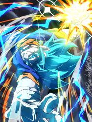  1boy aura blue_eyes blue_hair blue_pants blue_shirt commentary_request dougi dragon_ball dragon_ball_super earrings electricity gloves highres incoming_attack incoming_punch jewelry male_focus multicolored_hair muscular muscular_male open_mouth orange_shirt pants potara_earrings punching ryo_lovevegito shirt solo super_saiyan super_saiyan_blue two-tone_hair vegetto white_gloves 
