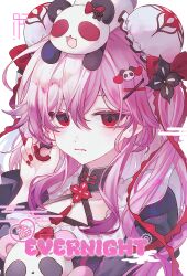  1girl absurdres bun_cover character_name commentary double_bun evernight_(honkai:_star_rail) h_ae_rang hair_between_eyes hair_bun highres honkai:_star_rail honkai_(series) long_hair march_7th_(honkai:_star_rail) pink_hair portrait red_eyes red_nails solo stuffed_animal stuffed_panda stuffed_toy 