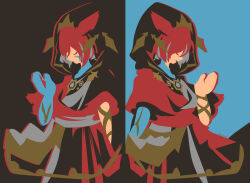  1boy artist_name black_background black_hood black_robe blue_background cat_boy closed_eyes closed_mouth commentary_request crystal_arm crystal_exarch facial_mark final_fantasy final_fantasy_xiv from_side g'raha_tia hair_between_eyes highres hood hood_up male_focus miqo'te multiple_views open_hand open_mouth outstretched_arm red_hair rizu_(rizunm) robe short_hair short_sleeves simple_background standing tail 
