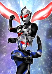  1boy alien black_skin blue_background blue_skin chaos_header chaos_ultraman chaos_ultraman_calamity clenched_hands color_timer colored_skin colorful_background commentary compound_eyes cropped_torso doppelganger dorsal_fin facial_mark fighting_stance form_change giant giant_male glowing glowing_eyes gradient_background green_background hands_up hanejidyna86 highres light_particles looking_ahead male_focus multicolored_skin multiple_forms multiple_views no_pupils pectorals purple_background red_eyes red_skin silver_skin tokusatsu toned toned_male twitter_username ultra_series ultraman_cosmos_(series) upper_body wrinkled_skin 