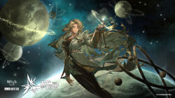 1girl ambience_synesthesia animal_ears arknights arm_mounted_weapon asymmetrical_clothes black_pants blonde_hair blue_eyes breasts brown_jacket copyright_logo copyright_notice dog_ears dog_girl dog_tail feet_out_of_frame floating_hair floppy_ears hand_up head_tilt highres jacket kristen_(arknights) logo long_hair long_sleeves medium_breasts nebula object_floating_above_hand official_art pants parted_lips planet solo space star_(sky) tail wuzao zero_gravity 