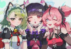  3girls :o ;) ;o absurdres animal_ear_hairband animal_ears aria_(human)_(discordant_note)_(zenless_zone_zero) aria_(human)_(zenless_zone_zero) aria_(zenless_zone_zero) bag bare_shoulders bell black_bridal_gauntlets black_choker black_dress black_hair black_streaks blue_eyes blush bridal_gauntlets cat_ear_hairband cat_ears choker colored_inner_hair commentary_request detached_sleeves dress fake_animal_ears finger_to_cheek green_eyes green_hair hair_between_eyes hair_ornament hairband hairclip hand_up hands_up highres korean_commentary looking_at_viewer maid maid_headdress multicolored_hair multiple_girls nangong_yu nangong_yu_(rhapsody's_muse) neck_bell official_alternate_costume one_eye_closed open_mouth pink_hair red_bag red_eyes short_twintails smile streaked_hair sunna_(afternoon_tea_break)_(zenless_zone_zero) sunna_(zenless_zone_zero) twintails xian456 zenless_zone_zero 