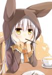  1girl cup headrest long_hair looking_at_viewer mouth_hold original pocky solo teacup white_hair yellow_eyes yuuhagi_(amaretto-no-natsu) 