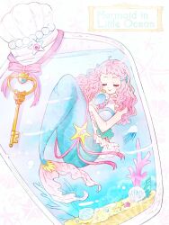  1girl bottle clam_shell closed_eyes coral crop_top frills glass_bottle hand_mirror holding holding_mirror in_bottle in_container laura_la_mer long_hair merfolk mermaid mirror monster_girl nene_(oneoneo13) pink_hair precure short_bangs smile solo tropical-rouge!_precure underwater wavy_hair 