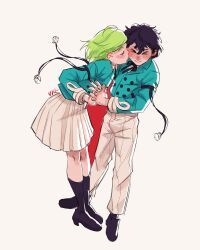  >_< 2girls absurdres agott_arklaum_(tongari_boushi_no_atelier) black_hair black_shoes black_socks blush closed_eyes coco_(tongari_boushi_no_atelier) green_hair highres holding_hands interlocked_fingers jacket kiss kissing_cheek kneehighs long_sleeves multiple_girls neck_ribbon pants ribbon shoes short_hair skirt socks tongari_boushi_no_atelier vyk3ds yuri 