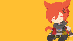  1boy animal_ears artist_name blush cat_boy cat_ears cat_tail closed_eyes closed_mouth commentary_request final_fantasy final_fantasy_xiv fingerless_gloves g'raha_tia gloves hair_between_eyes hair_ornament hairclip highres jacket male_focus miqo'te red_hair red_jacket rizu_(rizunm) scarf shirt short_hair short_sleeves simple_background sitting smile solo tail white_shirt yellow_background 