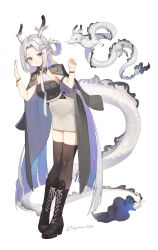  1girl absurdres animalization armlet black_boots black_coat black_horns black_shirt black_thighhighs blunt_ends boots bracelet breasts closed_mouth cloud_hair_ornament coat coat_on_shoulders curtained_hair dragon dragon_girl dragon_horns dragon_tail eastern_dragon eastern_dragon_horns eastern_dragon_tail full_body hair_ornament hair_rings halterneck hands_up heterochromia high-waist_skirt highres horns jewelry lace-up_boots leaning leaning_forward light_smile long_hair middle_part multicolored_hair multicolored_horns necktie one_side_up original pencil_skirt person_and_animalization pink_necktie pointy_ears purple_hair shirt signature simple_background single_hair_ring skirt small_breasts small_dragon standing straight_hair tail thigh-highs toga_(toganawa) two-sided_coat two-sided_fabric two-tone_hair two-tone_horns very_long_hair white_background white_eyes white_horns white_tail wing_collar yellow_eyes zettai_ryouiki 