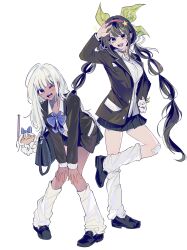  2girls absurdres arm_up bag bell black_bag black_hair black_jacket black_shoes black_skirt blue_eyes chabashira_tenko commentary danganronpa_(series) danganronpa_v3:_killing_harmony dark-skinned_female dark_skin green_eyes hair_ribbon hairband hands_on_own_knees highres jacket leaning_forward llie_137 long_hair long_sleeves looking_at_viewer loose_socks mole mole_under_mouth multiple_girls neck_bell one_eye_closed open_mouth purple_hairband ribbon school_uniform shirt shoes simple_background skirt smile socks star_(symbol) teeth twintails untranslatable_commentary upper_teeth_only white_background white_hair white_shirt white_socks yonaga_angie 