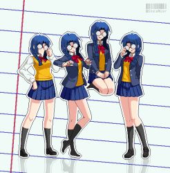  1girl adjusting_eyewear arm_behind_back black_socks blazer blue_eyes blue_skirt blush borrowed_design bow bowtie braid ciel_(tsukihime) coke-bottle_glasses commentary_request english_commentary full_body glasses jacket jimiko long_hair long_sleeves looking_down melty_blood melty_blood:_type_lumina misaki_municipal_high_school_uniform multiple_views open_mouth outline paper_background pleated_skirt red_bow red_bowtie reflective_floor school_uniform seiza shotaalter sitting skirt socks standing sweater_vest tsukihime tsukihime_(remake) twin_braids twitter_username wing_collar 