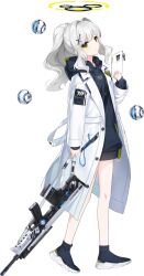  1girl 9ml animal_charm ball blue_archive blue_dress blue_shoes bullpup charm_(object) closed_mouth clothes_writing coat cross_hair_ornament drawstring dress drone english_text floating floating_object from_side full_body game_asset green_eyes grey_hair gun gun_strap hair_ornament halo hare_(blue_archive) heel_up highres holding holding_gun holding_tablet_pc holding_weapon hood hood_down hooded_dress id_card kel-tec_rfb lab_coat large_variant_set layered_sleeves long_hair long_sleeves looking_at_viewer official_art open_clothes open_coat ponytail raised_inner_eyebrows rifle sad shoes short_dress sidelocks simple_background solo standing tablet_pc tachi-e third-party_source transparent_background variant_set weapon white_coat yellow_halo 