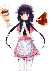 >:) 1girl absurdres apron black_hair blend_s blunt_bangs blush cake cake_slice closed_mouth commentary cowboy_shot floating_hair food frilled_apron frills gloves hair_bobbles hair_ornament hands_up headscarf highres holding holding_menu long_hair looking_at_viewer low_twintails menu miniskirt parfait pink_shirt pink_skirt pleated_skirt puffy_short_sleeves puffy_sleeves sakuranomiya_maika shirt short_sleeves simple_background skirt smile solo sora1st split_mouth tareme thigh-highs twintails v-shaped_eyebrows very_long_hair violet_eyes waist_apron waitress white_apron white_background white_gloves white_headscarf white_thighhighs zettai_ryouiki 
