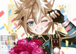 1boy animal_ear_fluff animal_ears aqua_eyes armor birthday black_gloves blue_shirt blush border bouquet brown_background brown_hair brown_ribbon confetti dog_boy dog_ears fangs fingerless_gloves flower genshin_impact gloves gold_trim gorou_(genshin_impact) hair_between_eyes hair_ribbon hand_up happy_birthday highres holding holding_bouquet igote japanese_armor kazuki_(kazuki_01) long_sleeves looking_at_viewer male_focus multicolored_hair one_eye_closed outside_border paw_print paw_print_background pink_flower pom_pom_(clothes) puffy_long_sleeves puffy_sleeves red_flower red_ribbon ribbon shirt short_hair shoulder_armor smile solo teeth two-tone_hair watermark white_border white_hair 