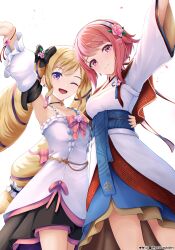  2girls absurdres arm_around_another's_waist arm_up armpits bare_shoulders blonde_hair blush bow breasts choker closed_mouth collarbone commentary_request detached_sleeves dress drill_hair elise_(fire_emblem) elise_(valentine)_(fire_emblem) english_commentary fire_emblem fire_emblem_fates fire_emblem_heroes flower hair_bow hair_flower hair_ornament hairband highres japanese_clothes kimono long_hair looking_at_viewer mixed-language_commentary multicolored_hair multiple_girls official_alternate_costume one_eye_closed open_mouth pink_bow pink_eyes pink_hair purple_hair ryo_suzuki sakura_(fire_emblem) sakura_(valentine)_(fire_emblem) short_hair simple_background sleeveless sleeveless_dress small_breasts smile twin_drills twintails violet_eyes white_background white_dress white_hairband white_kimono 